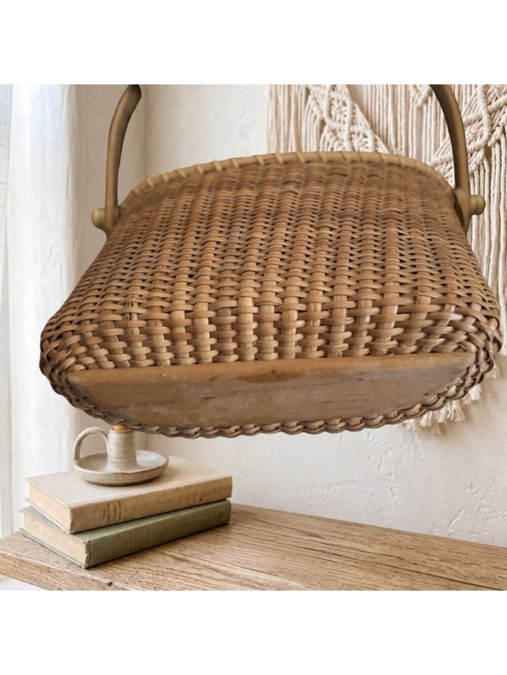 Nantucket Style Wall Basket Tight Weave Wood Handle and Bottom French Country Co - Picture 3 of 13